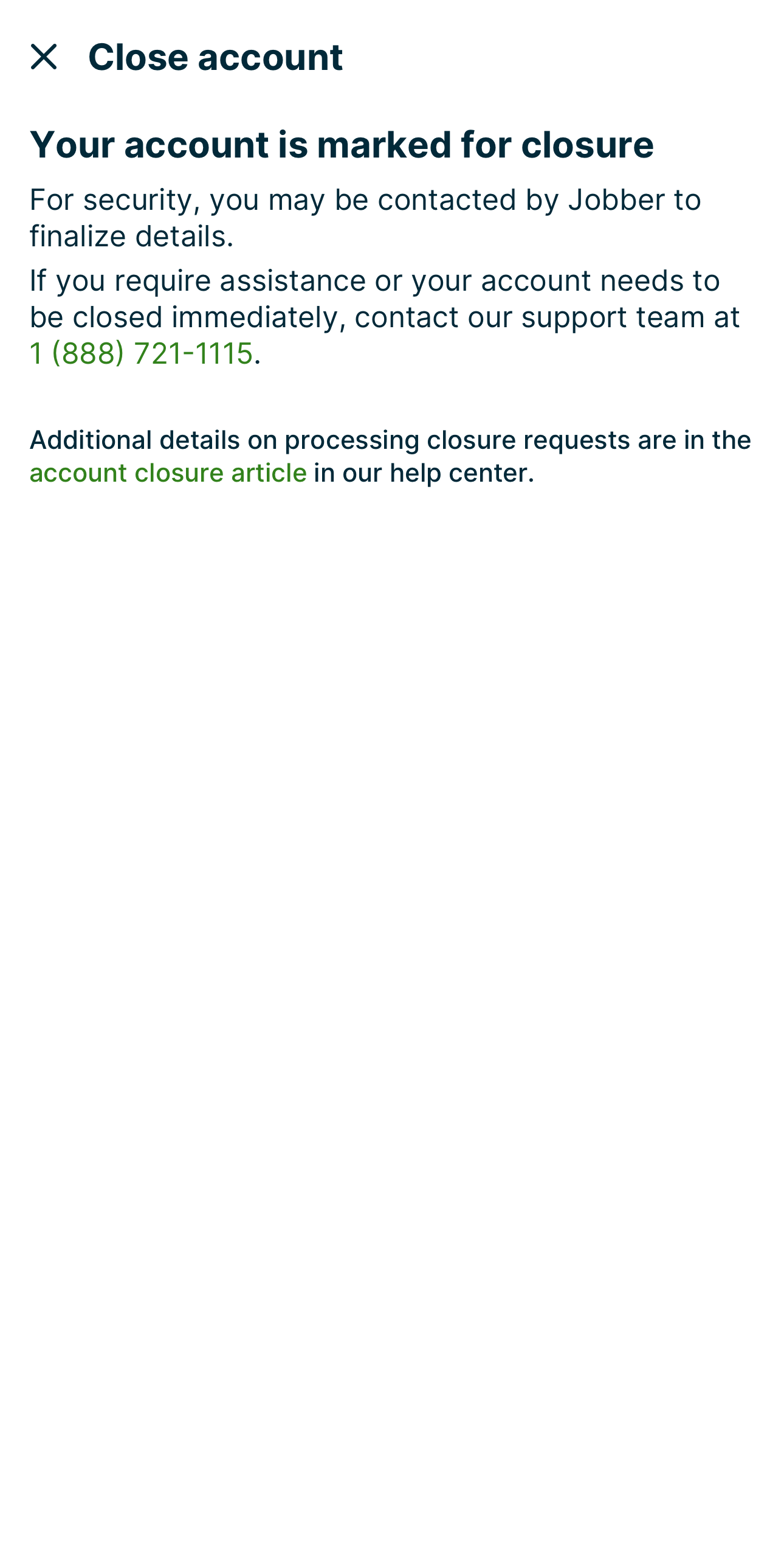 Account closure confirmation page