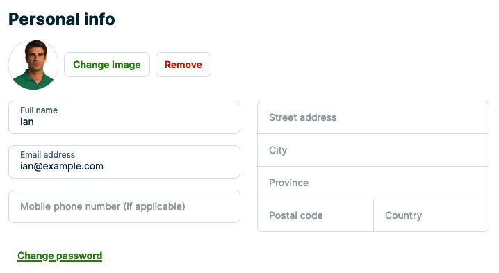 Personal info settings of a user in Manage Team 