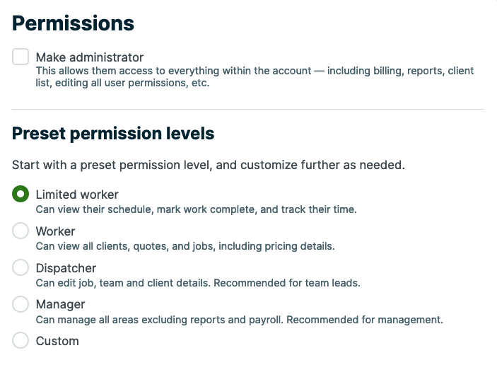 Permissions settings of a user in Manage Team