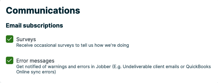 Email subscriptions settings of a user in Manage Team