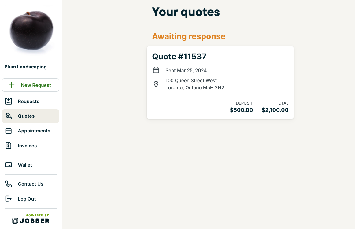 quotes tab in client hub showing a quote that is awaiting response from the client.