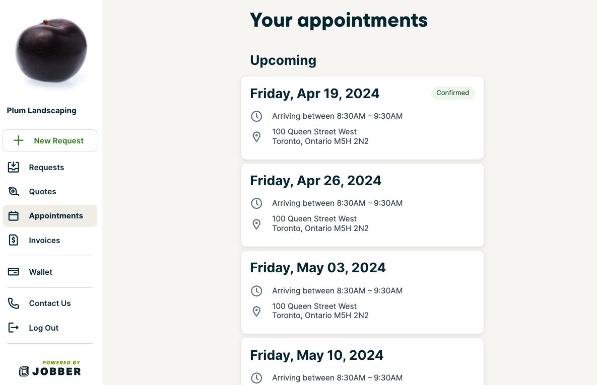 appointments tab in client hub showing upcoming and past appointments