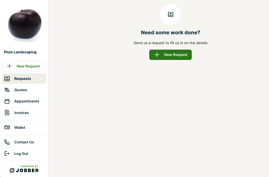 Requests tab in client hub with a button for your client to create a new request.