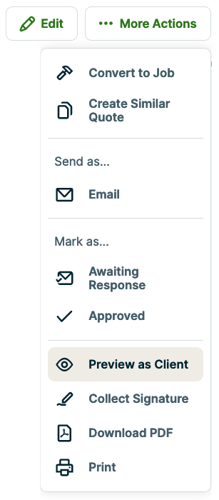 More actions menu with preview as client highlighted