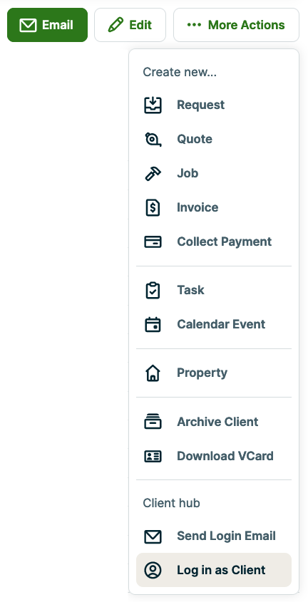 more actions button from a client's profile with log in as highlighted from the menu