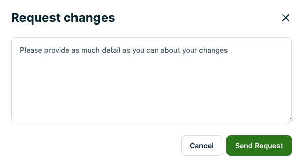 request changes pop-up with a textbox for the client to fill out