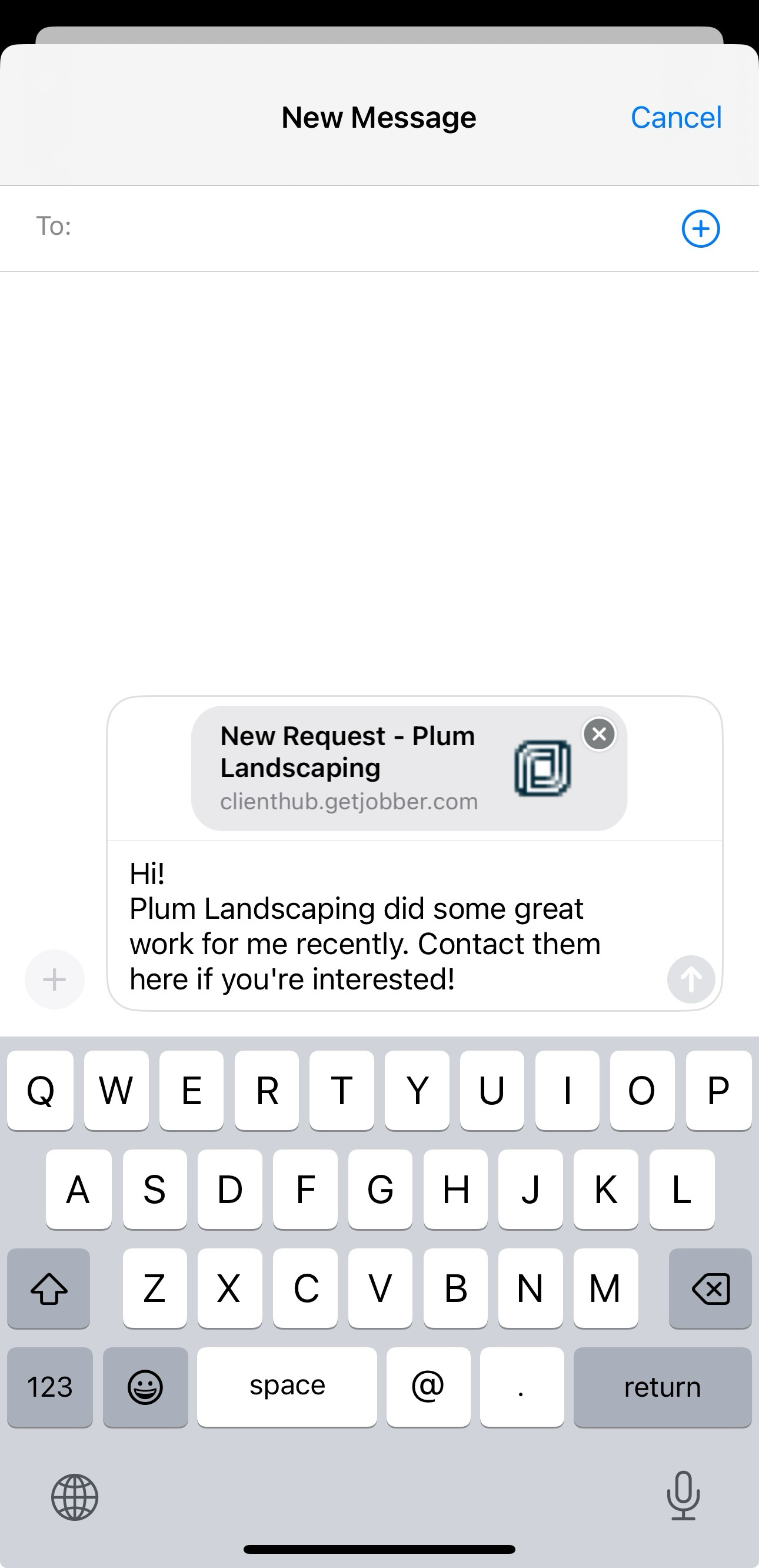 New message window with a pre-made message template to share the request link