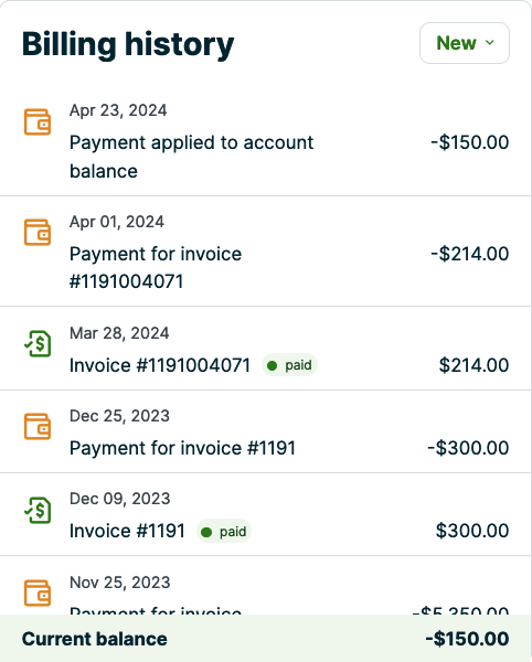 billing history box showing a payment applied to the account balance. The client's current balance is $150.00
