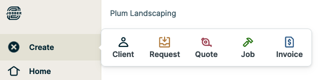 Options to create new client, request, quote, or invoice