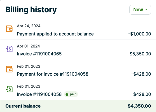 billing history box showing a payment applied to the account balance. The client's current balance is $4350.00