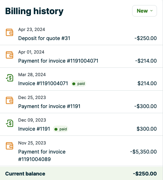 billing history box with invoices and payments totaling an account balance of -$200
