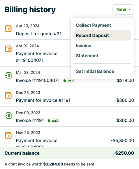 Billing history box with the new menu showing record deposit highlighted