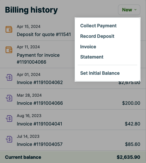 the new button with a dropdown showing the options for items that can be created from the billing history box