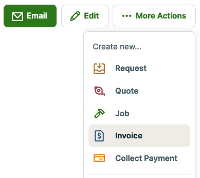 More Actions menu with invoice highlighted