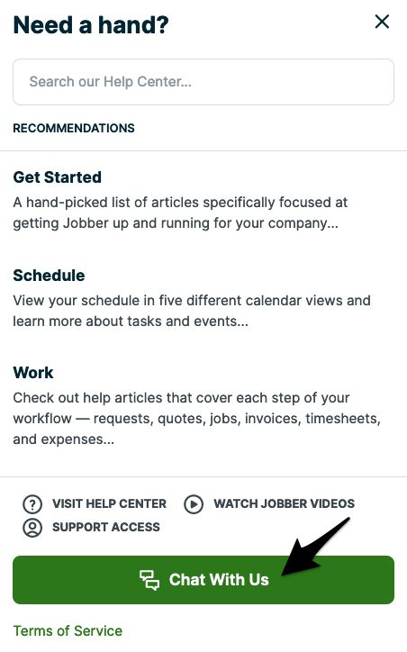 Side window with options to search help center, see recommended articles and an arrow pointing to the Chat With Us button