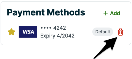 dialog box to edit a payment method with a button to delete it