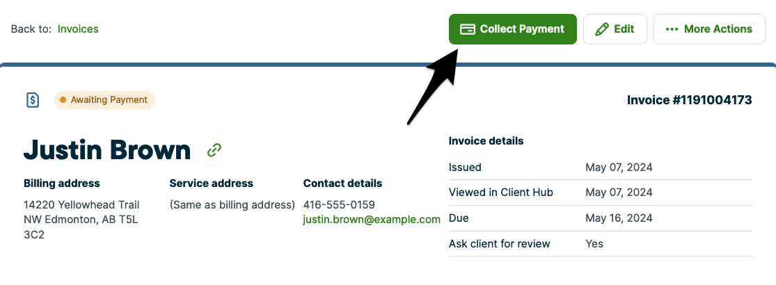 invoice with an arrow drawn to the button for collect payment