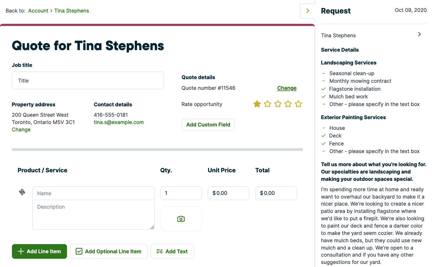 quote creation screen with a sidebar of details from the request