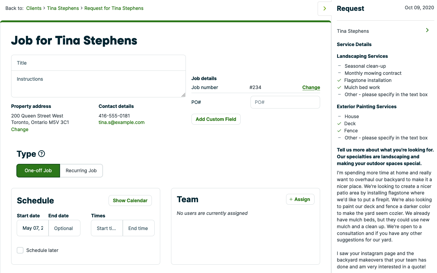 Job creation screen with a sidebar showing details from the request