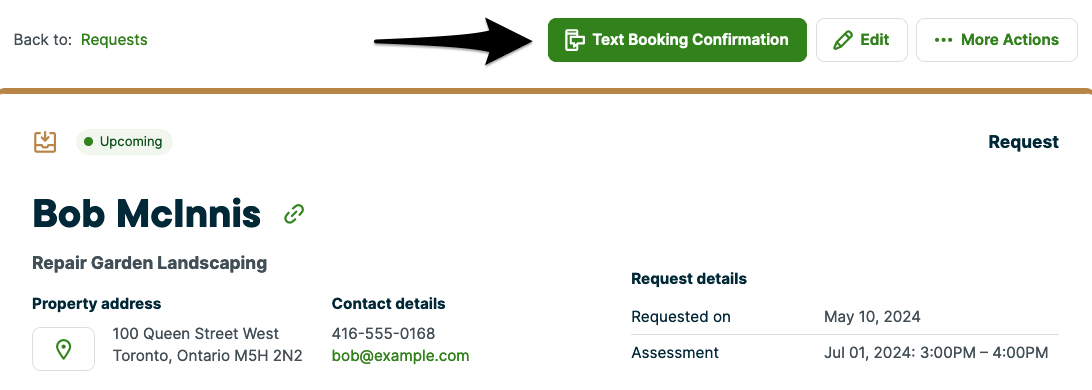 Request page with an arrow pointing to the text booking confirmation button