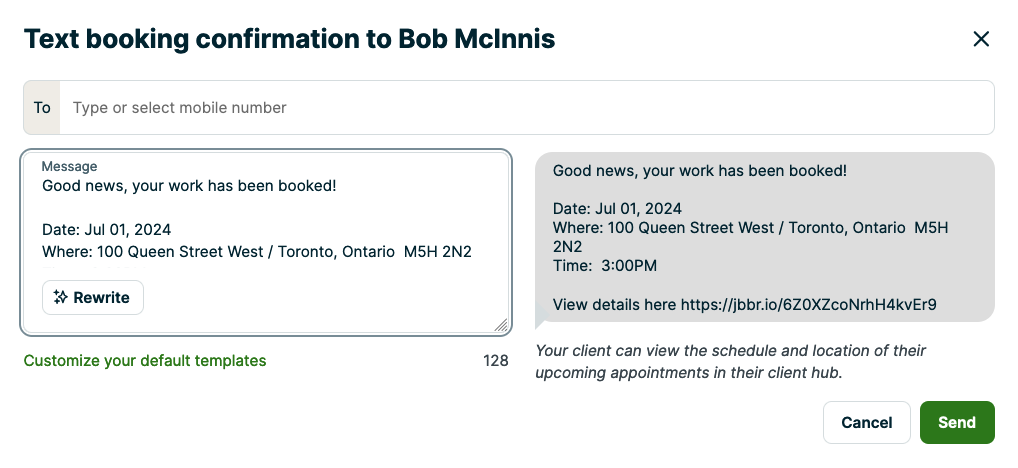 Text booking confirmation preview window