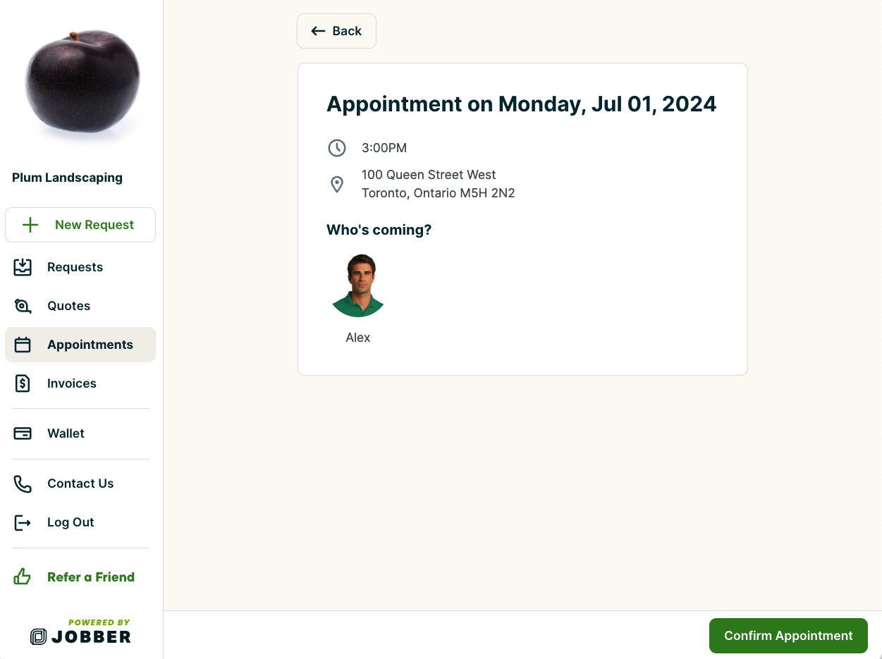 appointment with a button for the client to confirm it