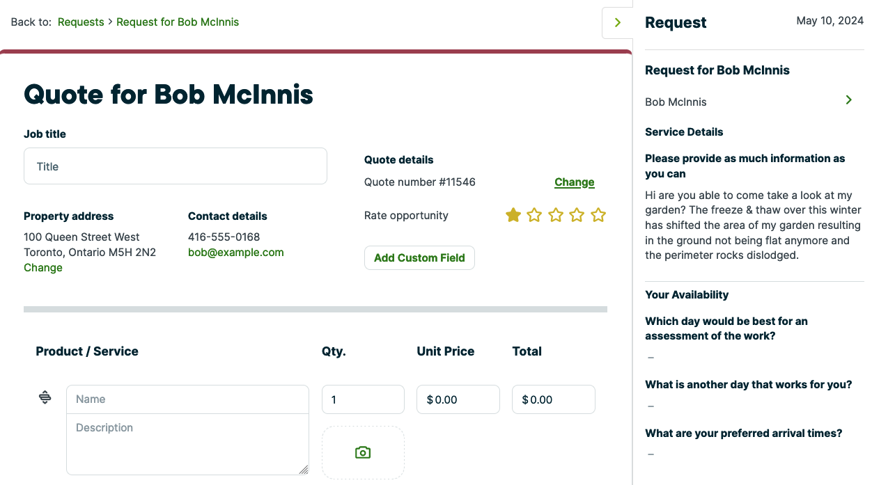 quote creation screen with a sidebar showing the request details