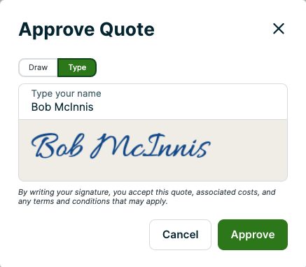 signature pad in client hub to approve the quote
