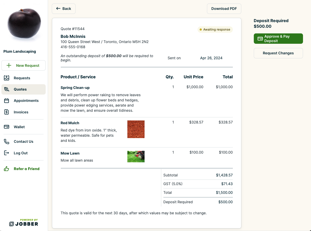 quote in client hub with a button to approve and pay deposit