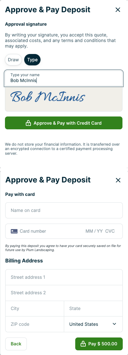approve and pay deposit screens that collects a signature and credit card details