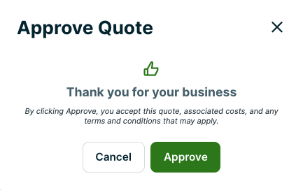 Approve quote screen with no signature. By approving this quote you accept any associated costs and terms and conditions
