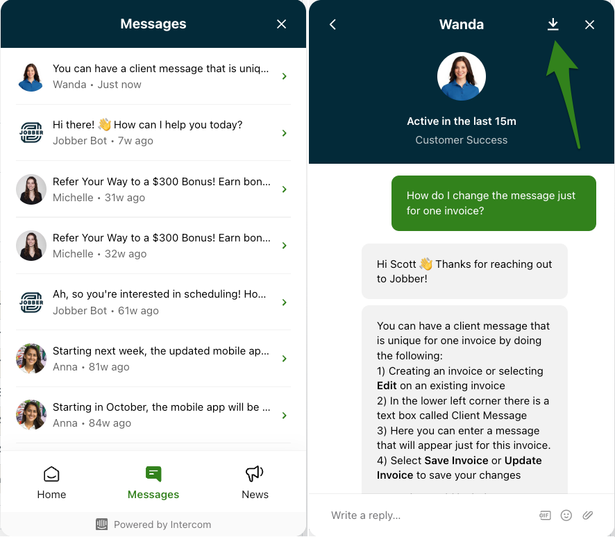 chat window on the left showing past conversations and chat window on the right showing a conversation with support representative