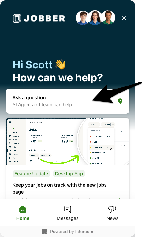 chat window with an arrow pointing to the ask a question button
