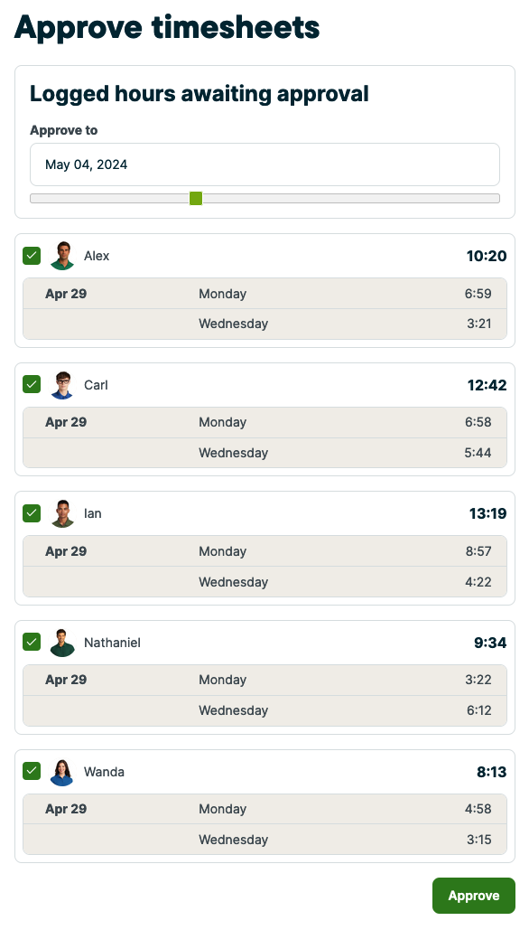 approve timesheets with 5 team members selected