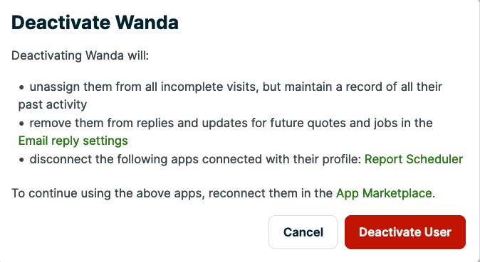 Deactivate user confirmation box