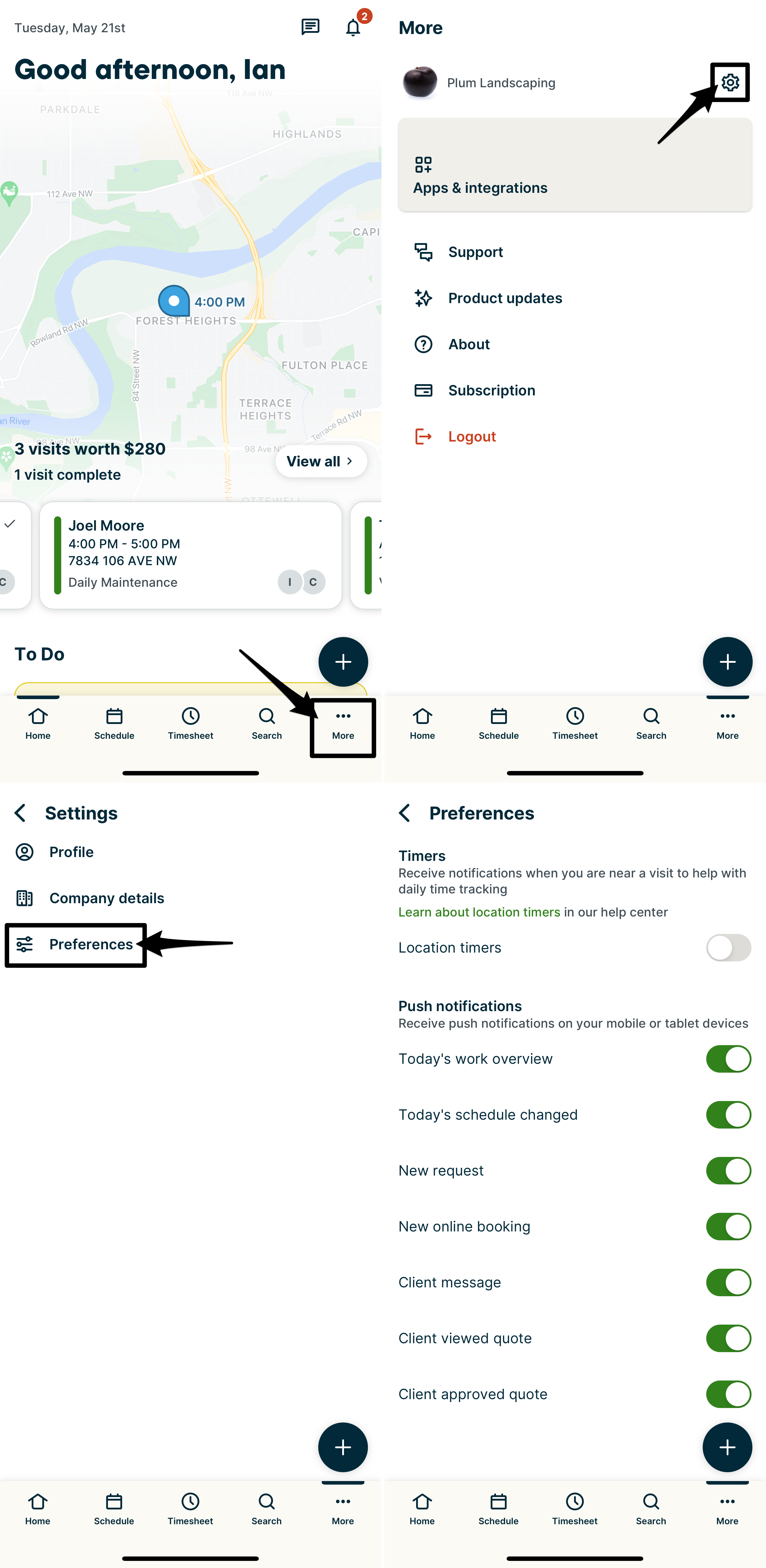 Four screenshots showing the steps to edit push notification drawer