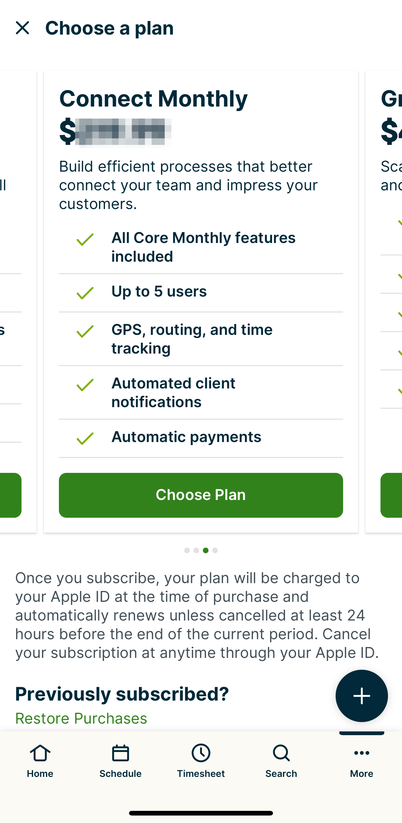 Choose a plan subscription in the app