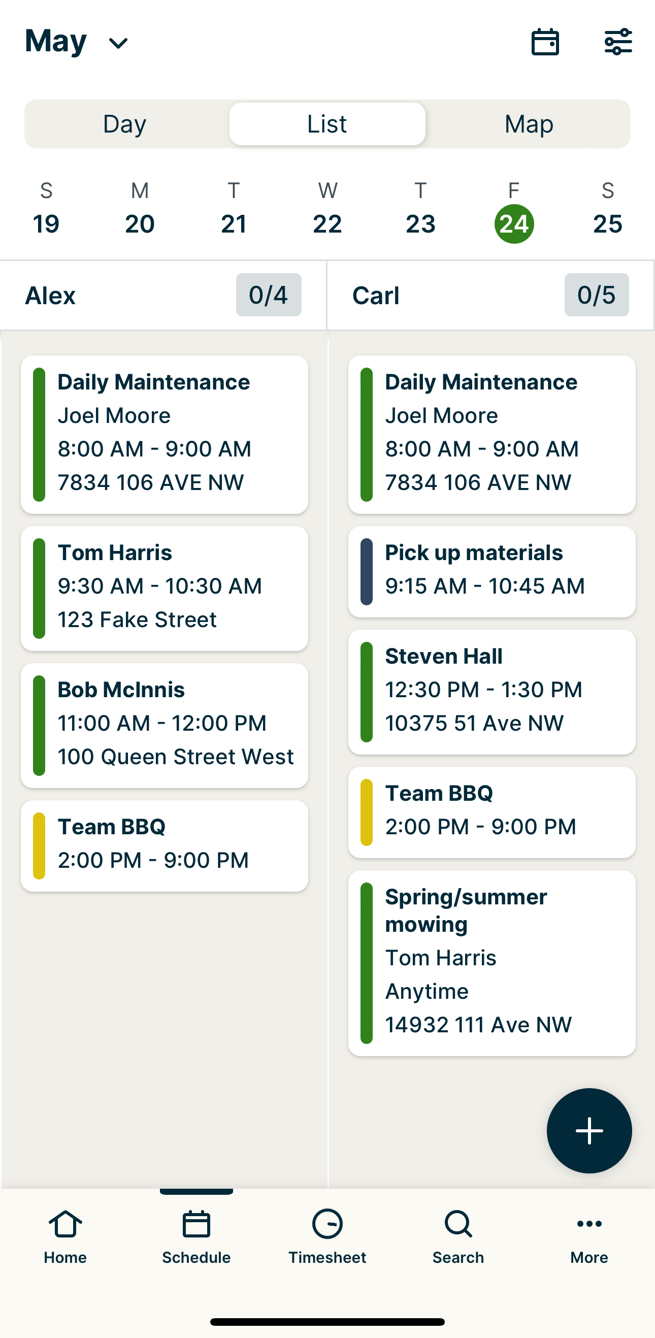 List view showing two users' schedule