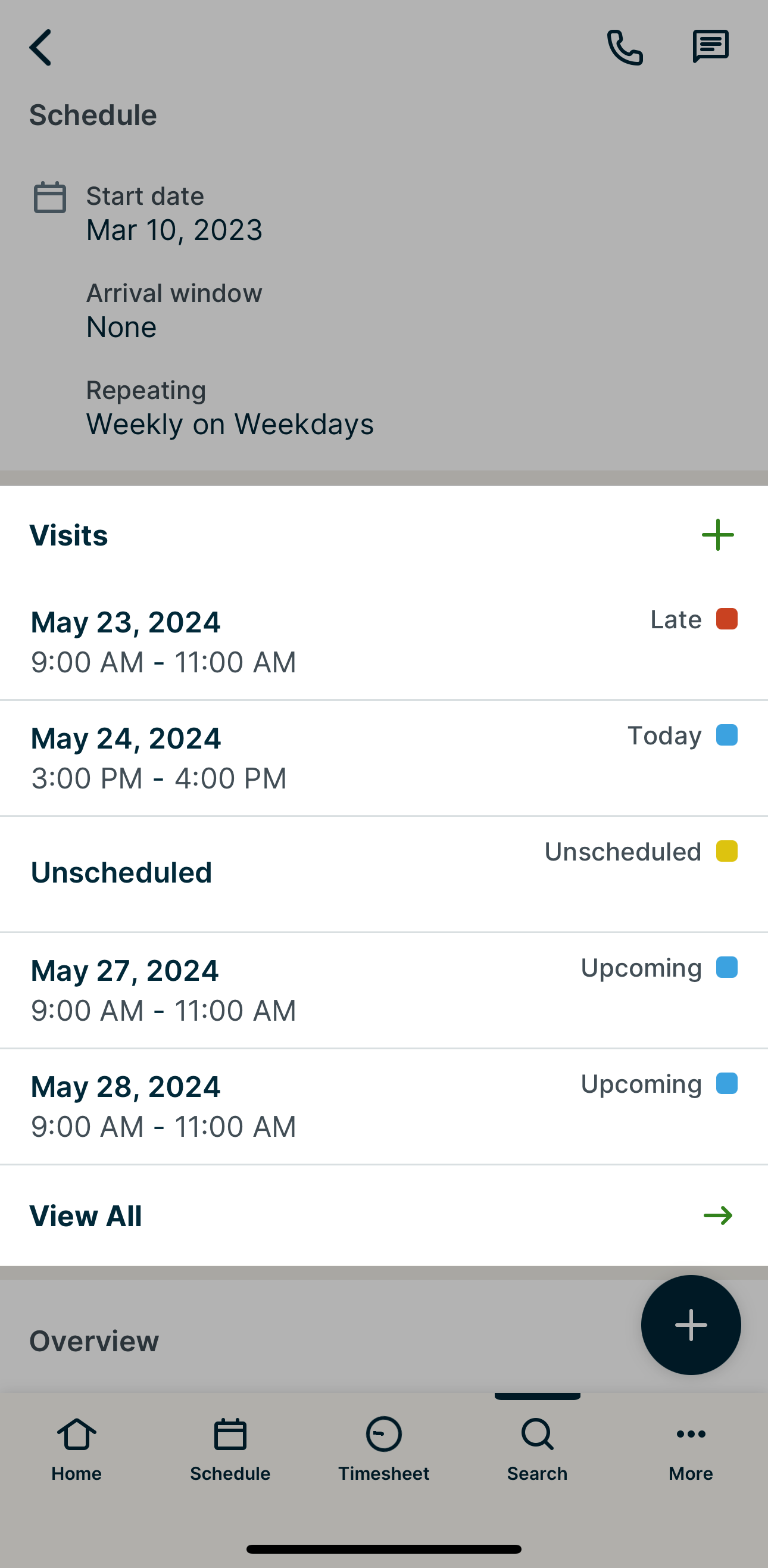 Visits section of a job highlighted