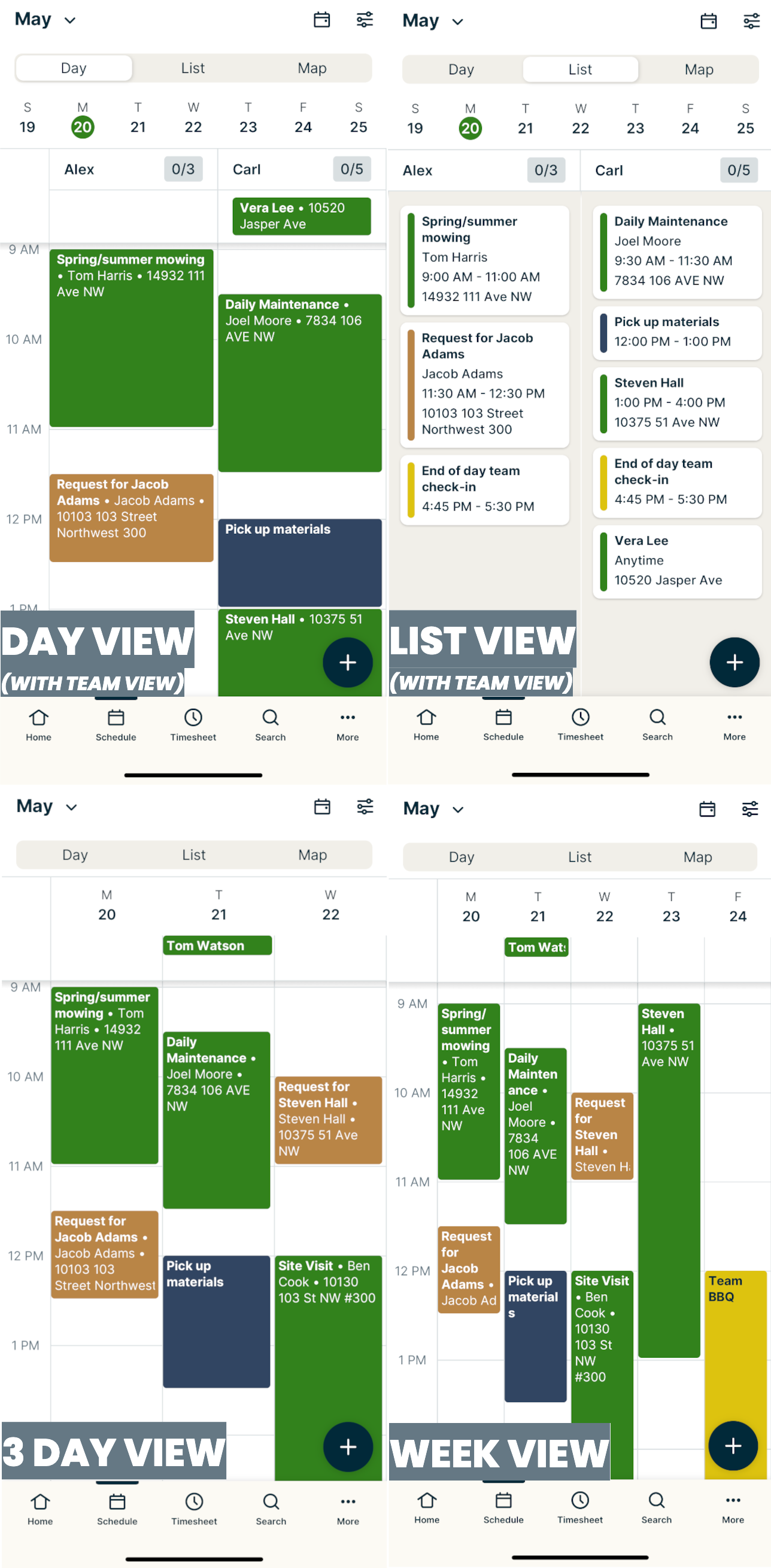 Day view, list view, 3 day view, and week view