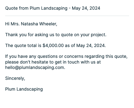 A screenshot of the email template preview, showing how Jobber variables are swapped with the content the variables represent