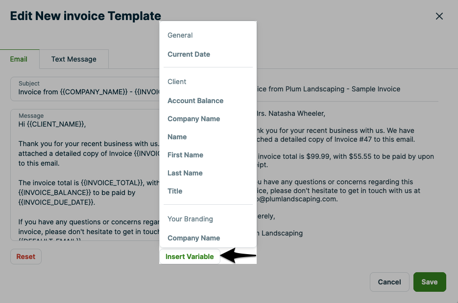 A screenshot showing an active insert variable button with a drop down displaying the variables you can select