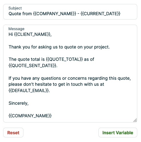 A screenshot of the email template with default copy and Jobber variables