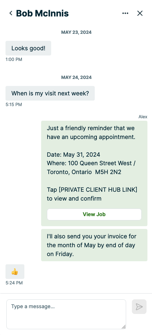text message conversation starting with a reminder about their appointment with a private link to view the appointment in client hub