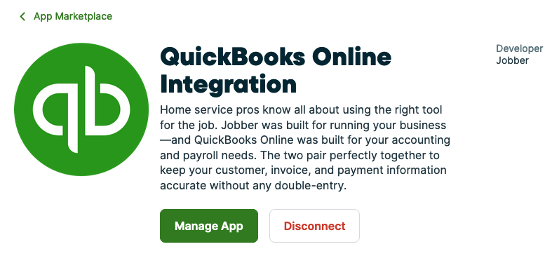 QuickBooks Online Integration app marketplace page when integration is connected