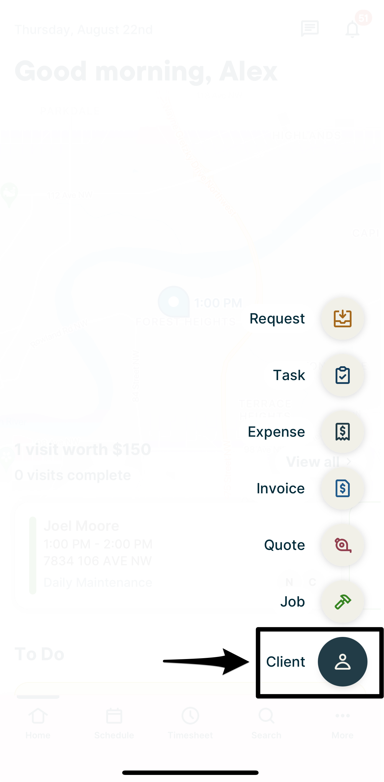 Quick Create menu with an arrow pointing to the Client button in the menu