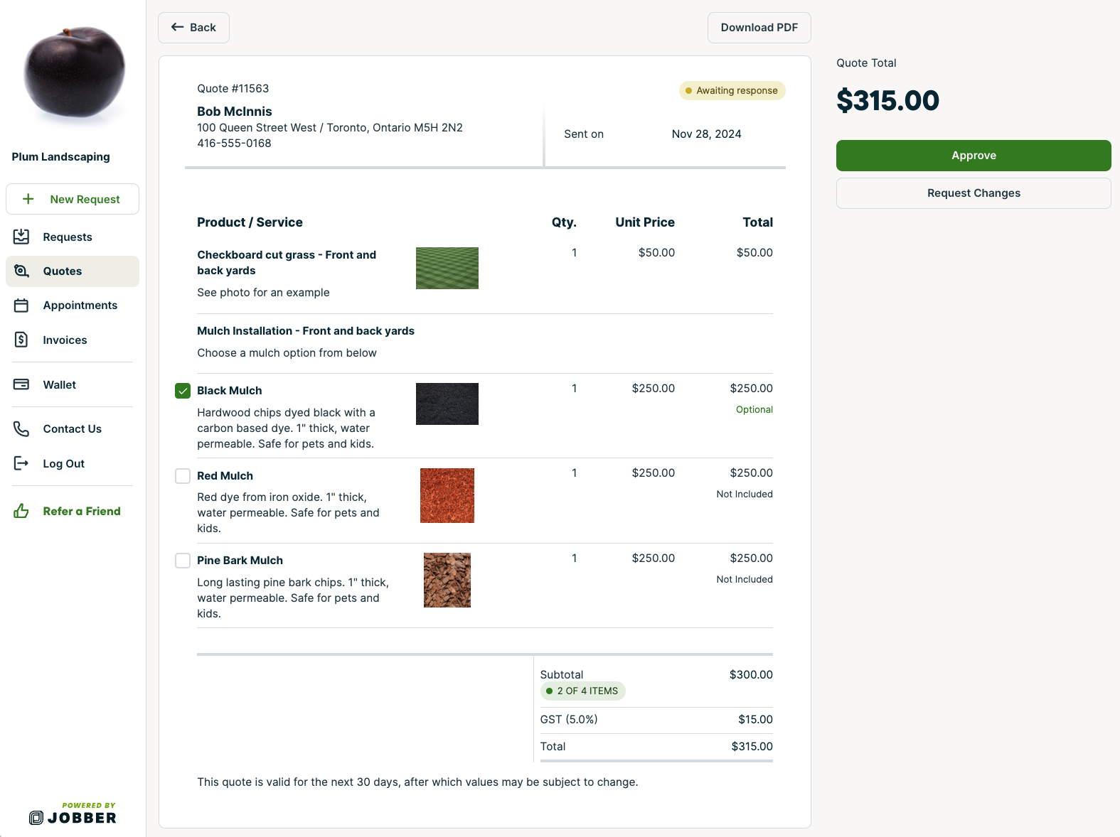 preview of the quote with line item images in client hub