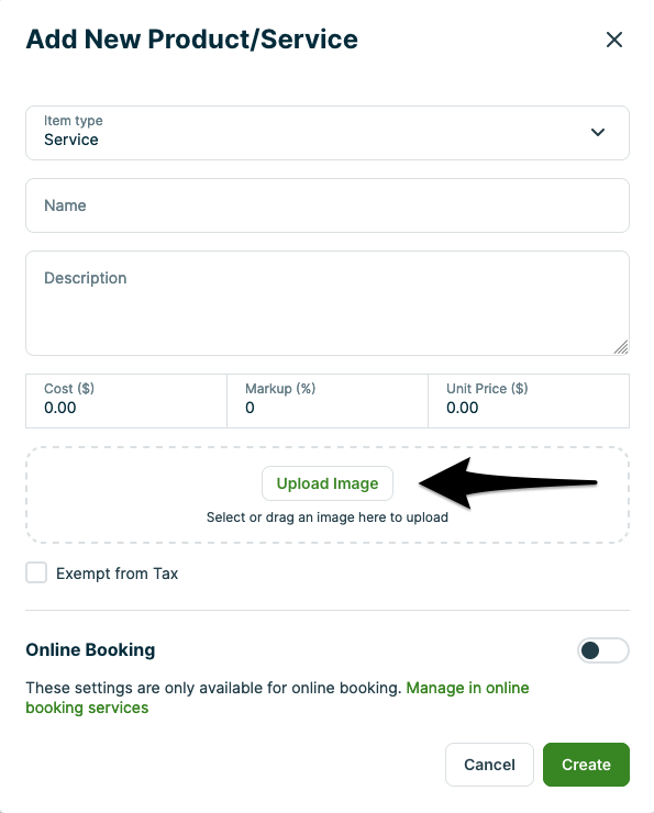 Add product/service screen with an arrow pointing to the camera icon.