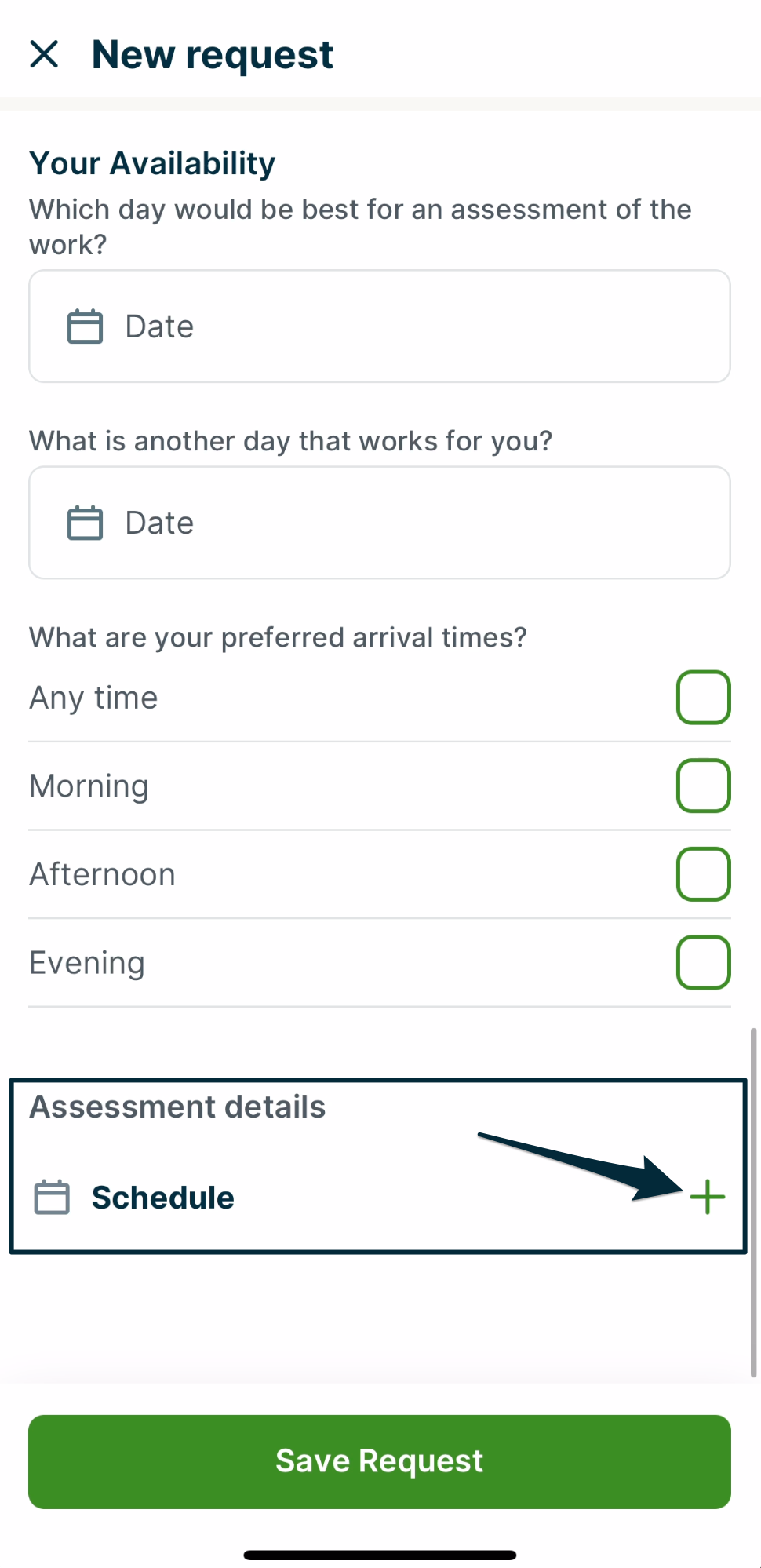 New request form with an arrow pointing to the schedule section
