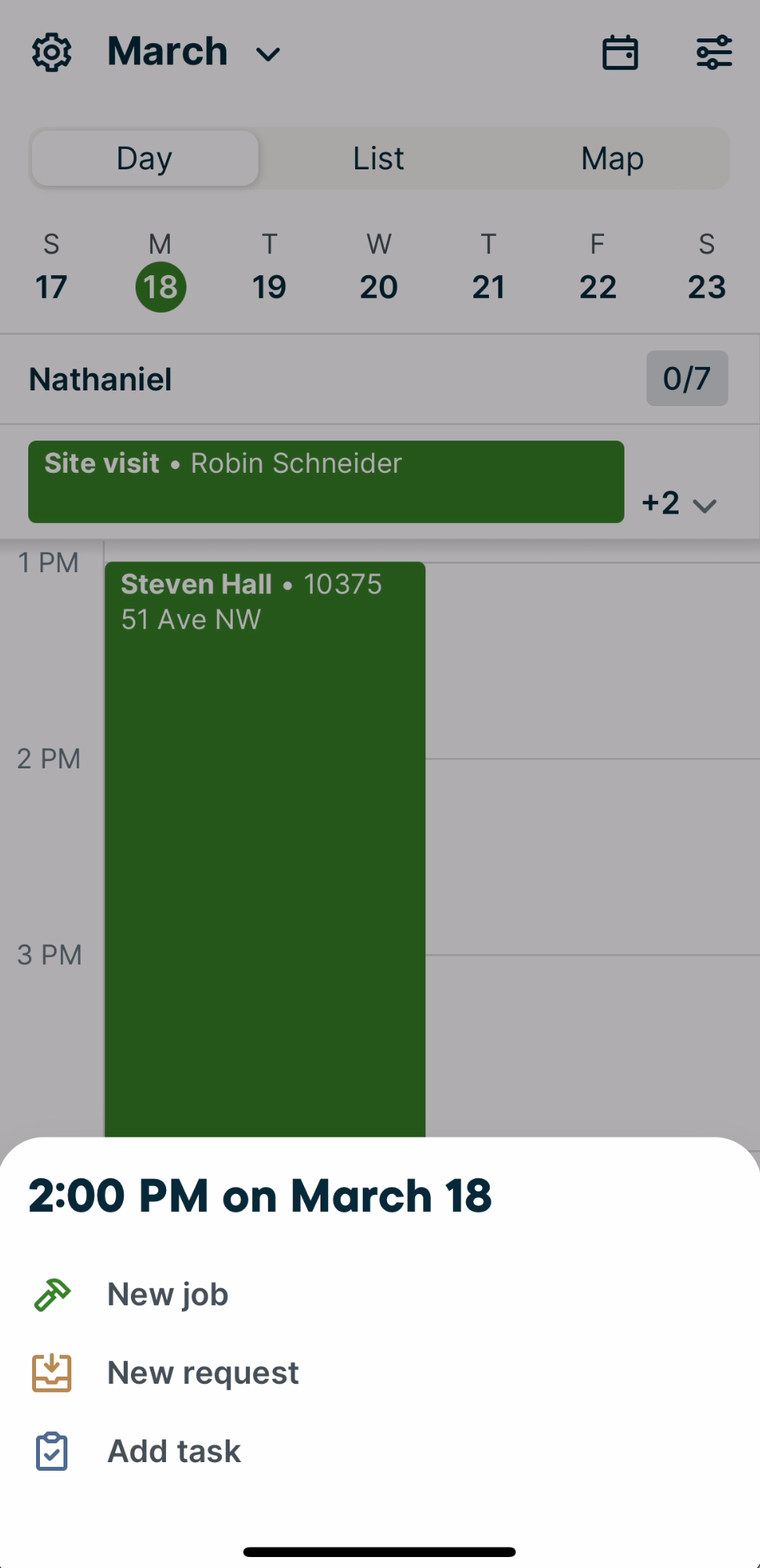 Schedule with a menu open with options to create a new job, new request, or new task